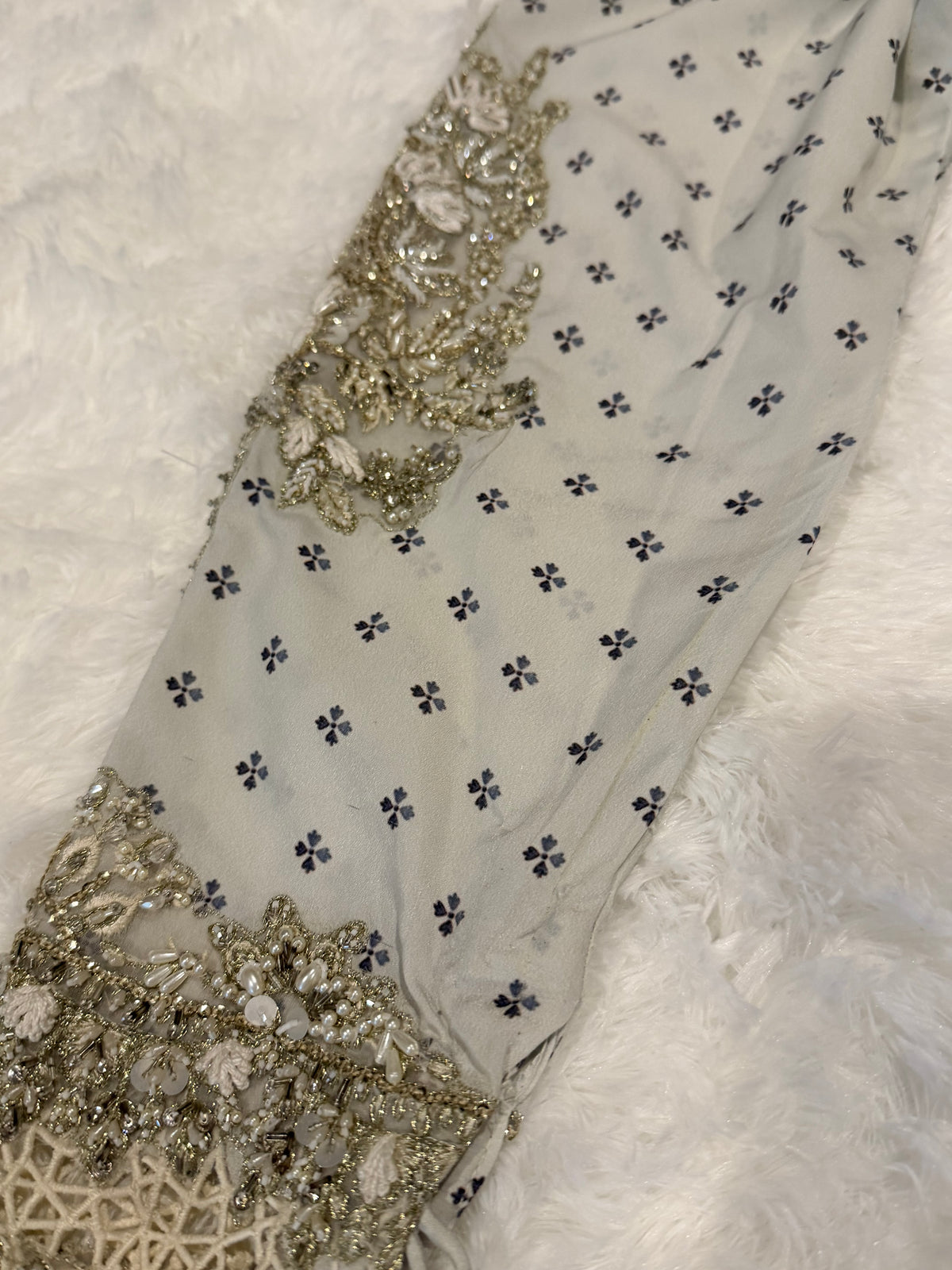 Suffuse Gray Silk Suit with Heavily Embroidered Printed Shirt and Pants with Embellishments on border