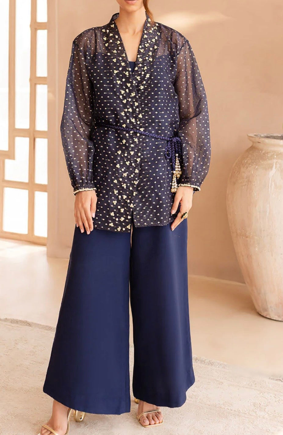 Vanya Navy Blue Organza Wrap with Embroidery