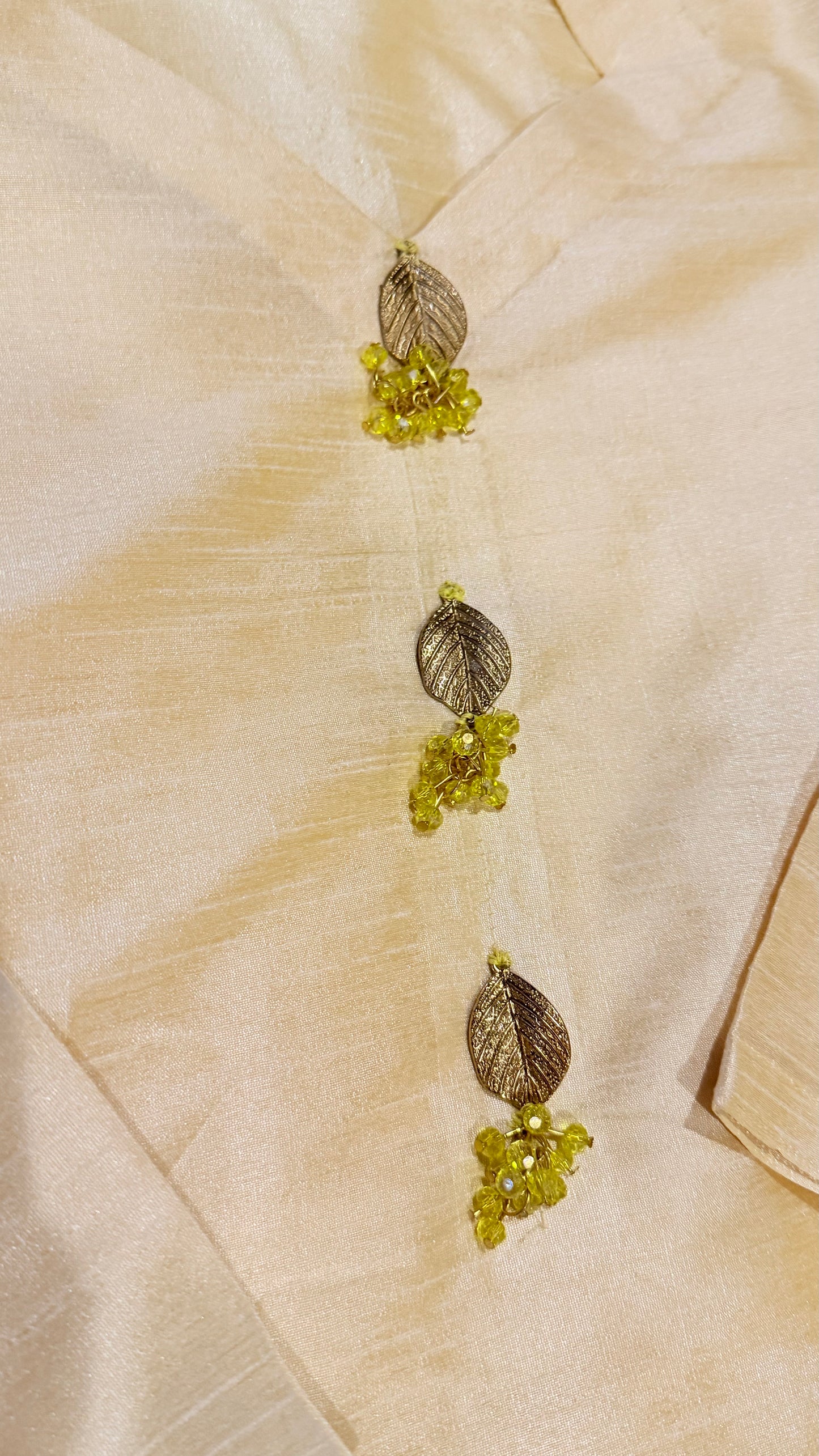 Light Golden Beige Raw Silk Suit withMetal and Crystal ornaments on neckline, comes with pants