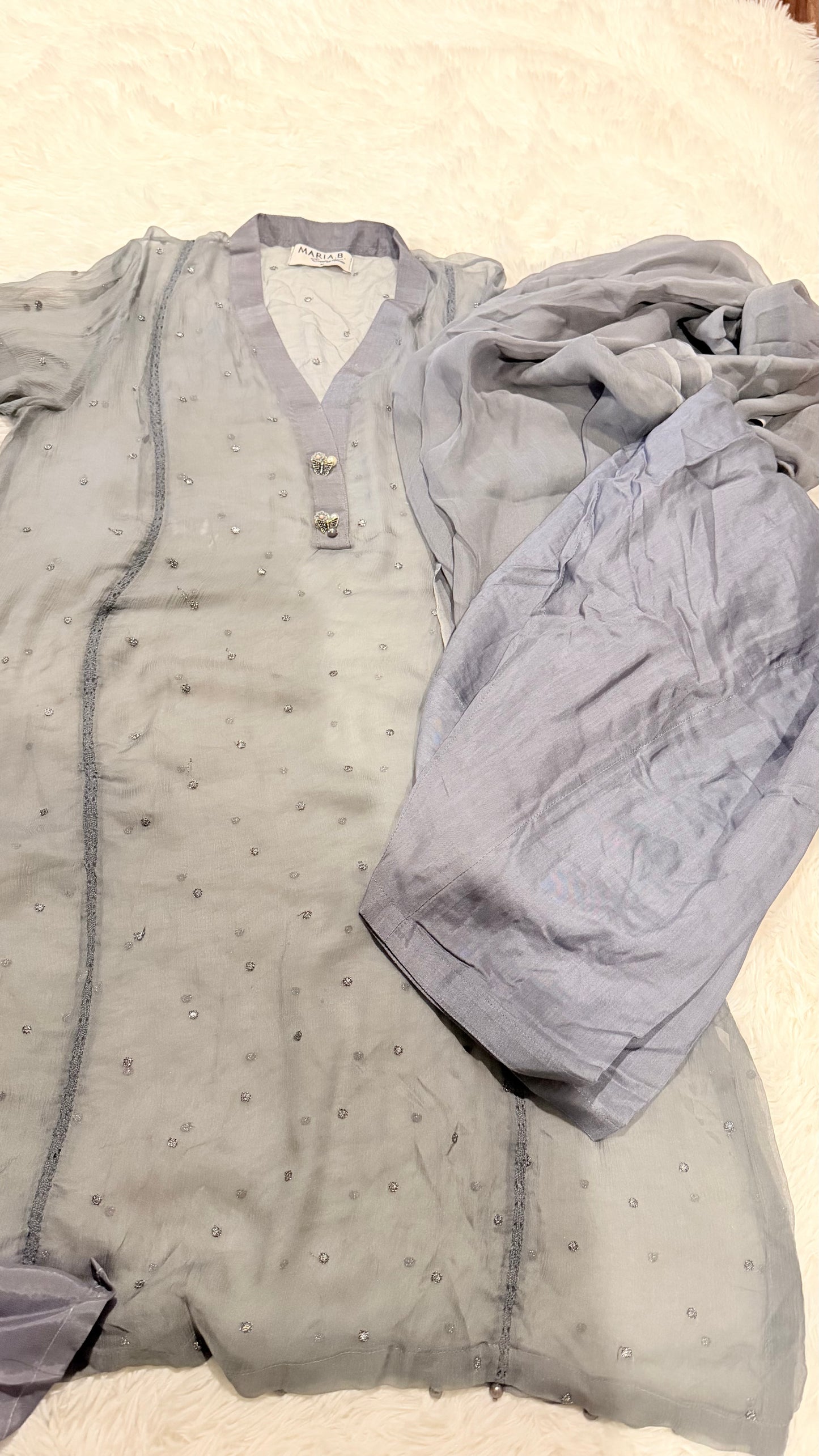 Maria B Gray Chiffon Shirt with Metallic Thread Embroidery and Pearl trim on sleeves and hem