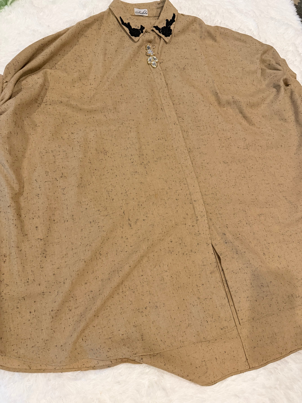 Sable Brown One Size Poncho Style loose fit shirt with Embroidery on Collar and front