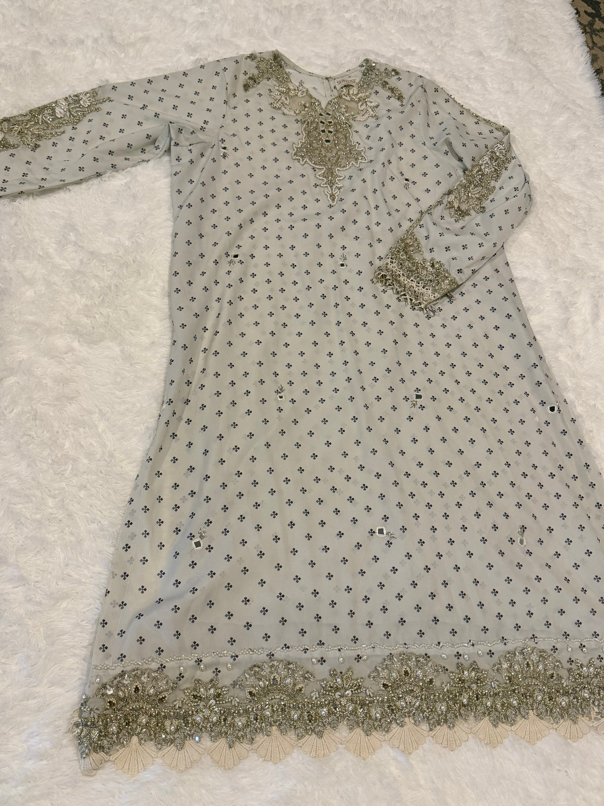 Suffuse Gray Silk Suit with Heavily Embroidered Printed Shirt and Pants with Embellishments on border