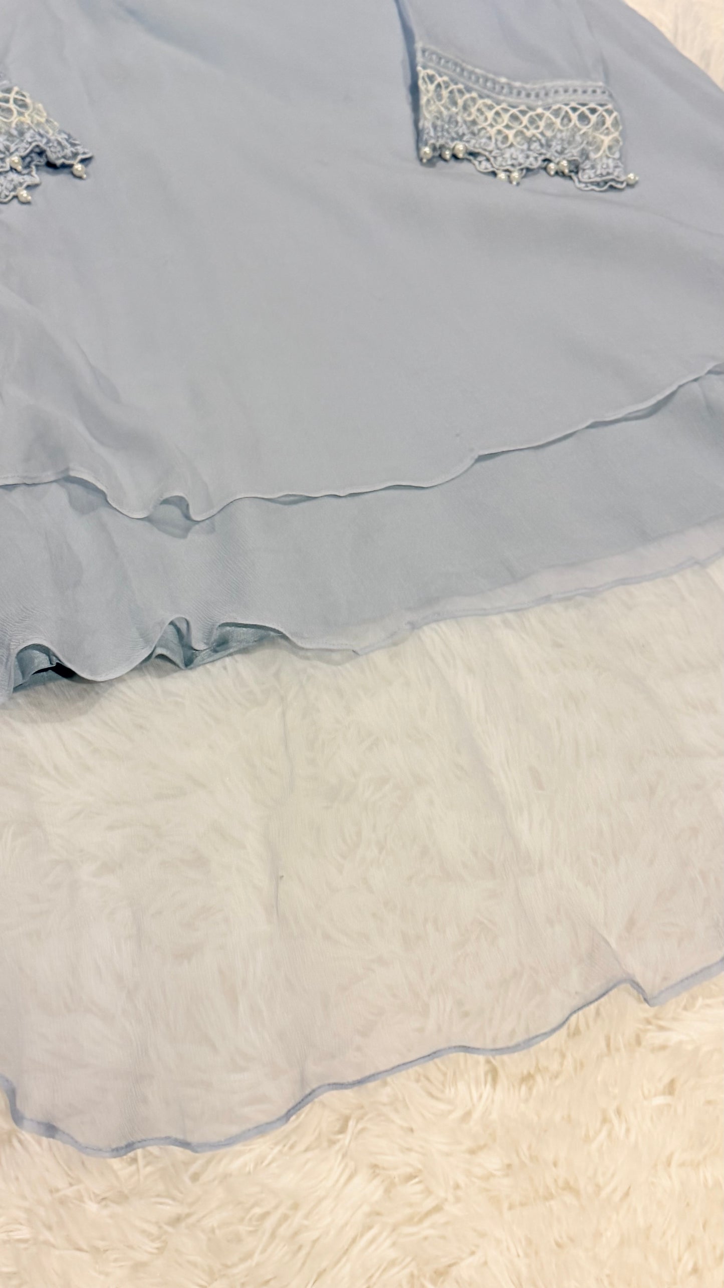 Maria B Gray Blue Chiffon Layered Style Shirt with Embellishments on Neckline and Lace and Pearl Trim on Sleeves.