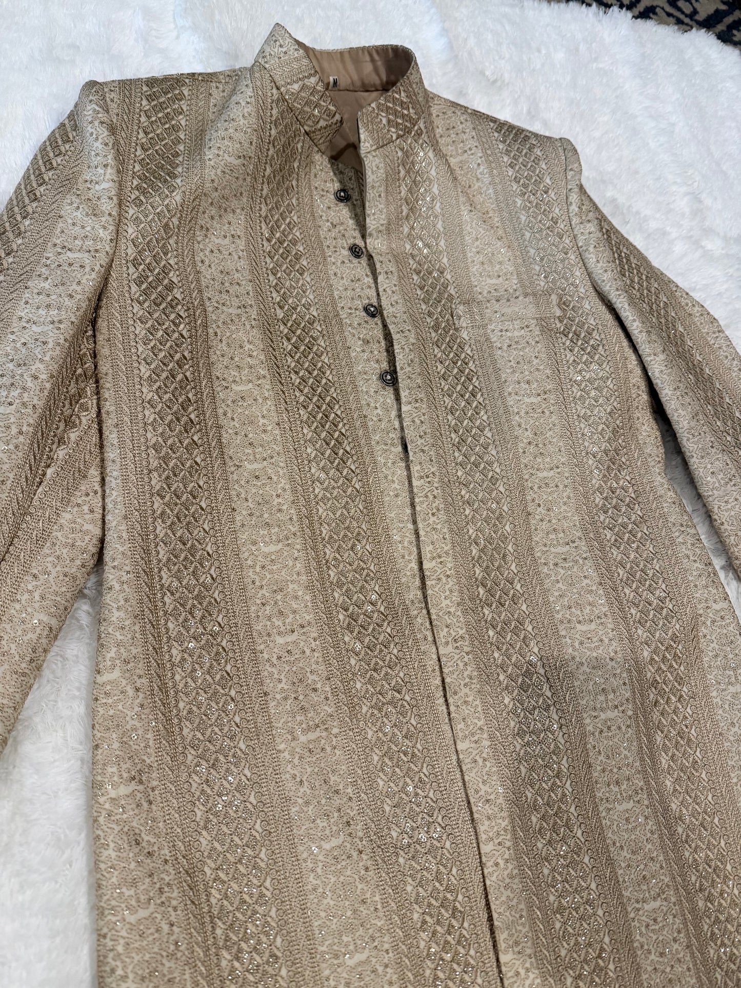 Golden & Cream Color Sherwani with Thread and Sequin Embellishments