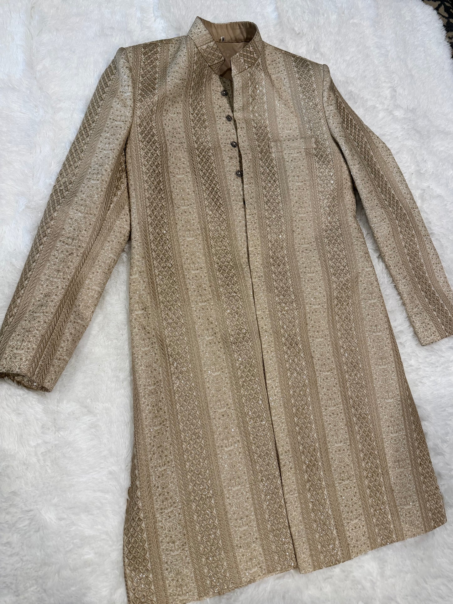 Golden & Cream Color Sherwani with Thread and Sequin Embellishments
