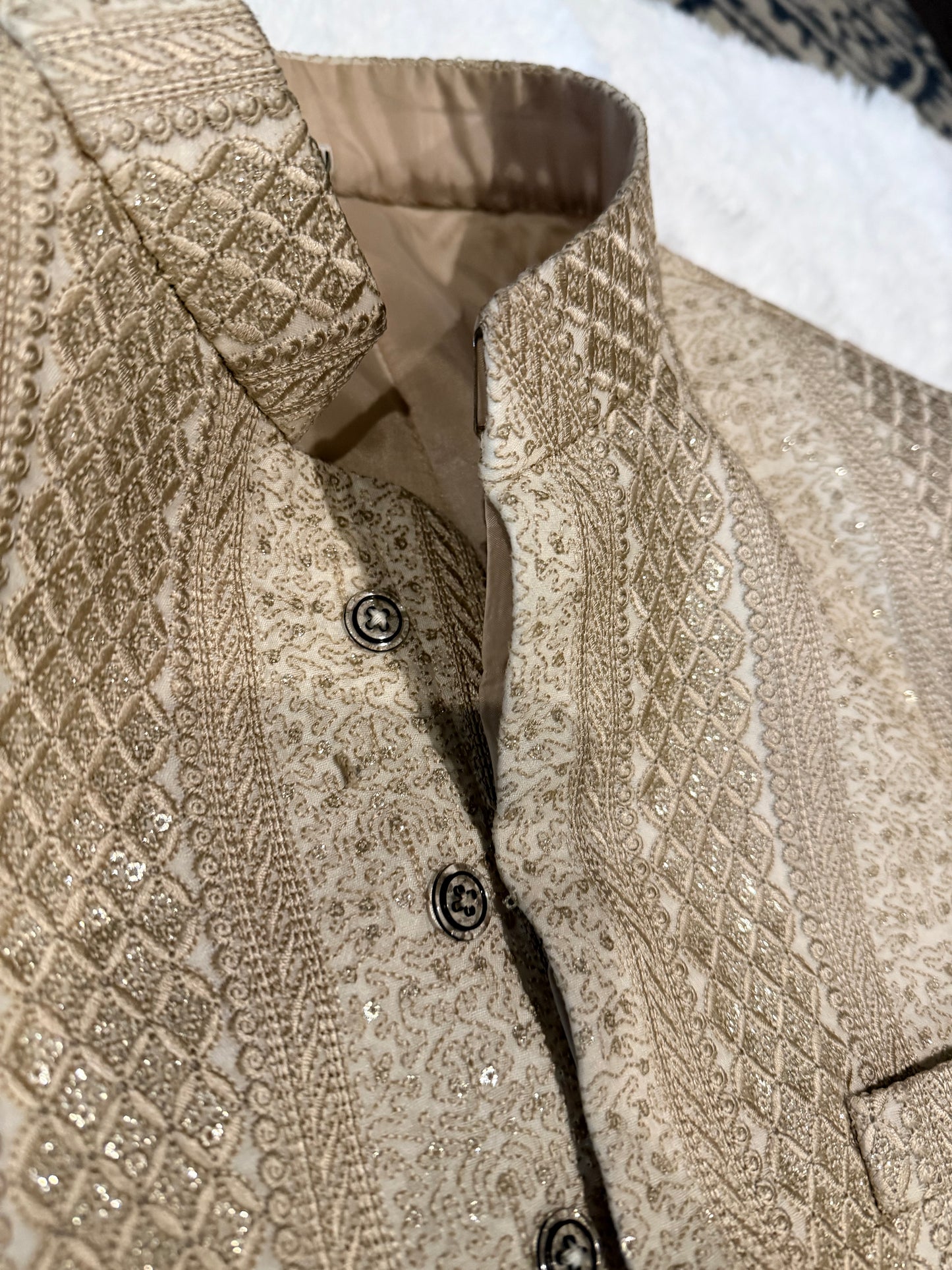 Golden & Cream Color Sherwani with Thread and Sequin Embellishments