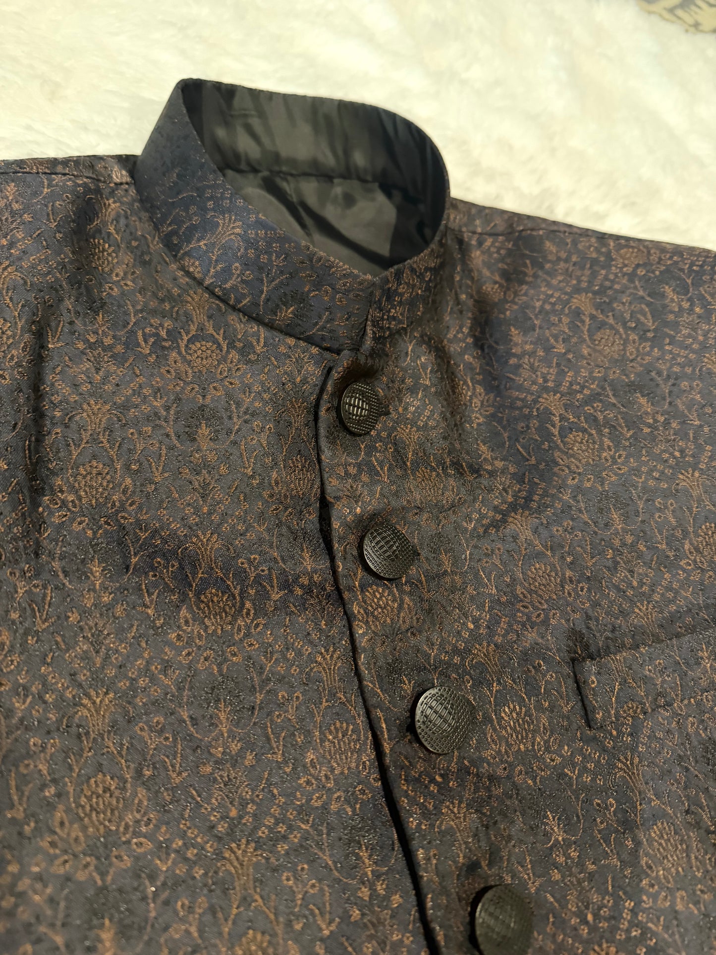 Black & Bronze Color Jamawar Silk Sherwani with Black Buttons