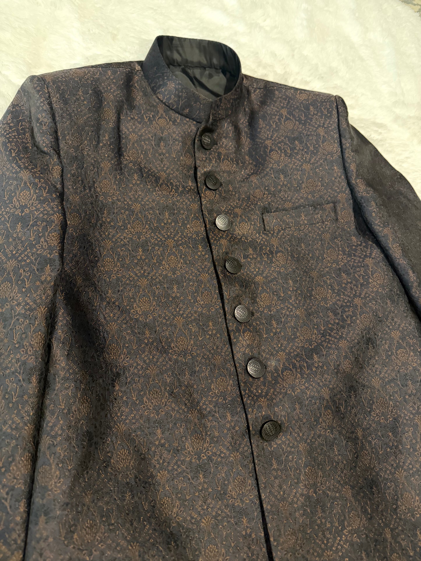 Black & Bronze Color Jamawar Silk Sherwani with Black Buttons