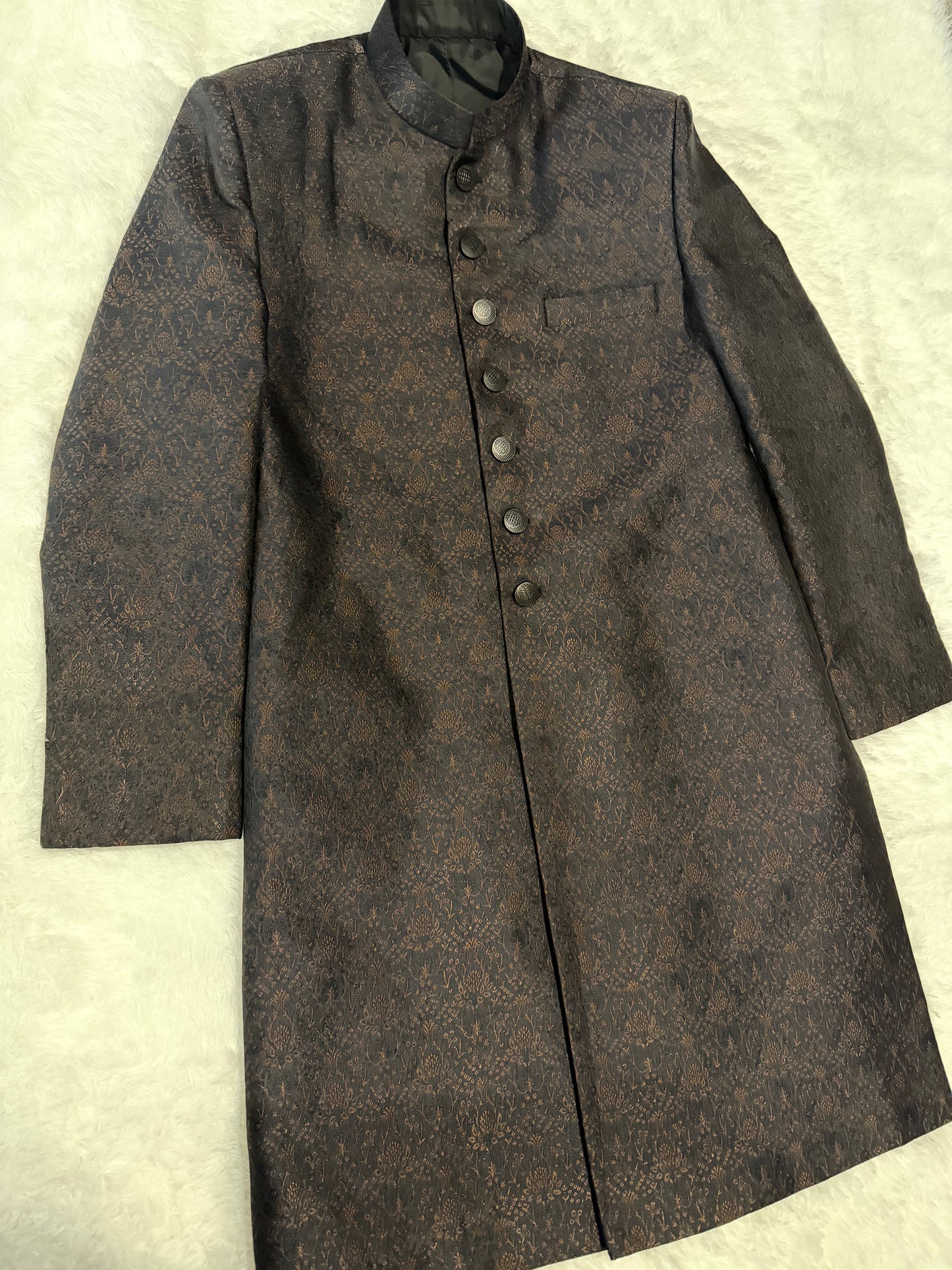 Black & Bronze Color Jamawar Silk Sherwani with Black Buttons