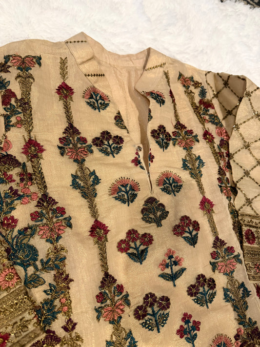 Heavily Embroidered Unbranded Golden Suit with Maroon, Pink, Green and Golden Embelishments.