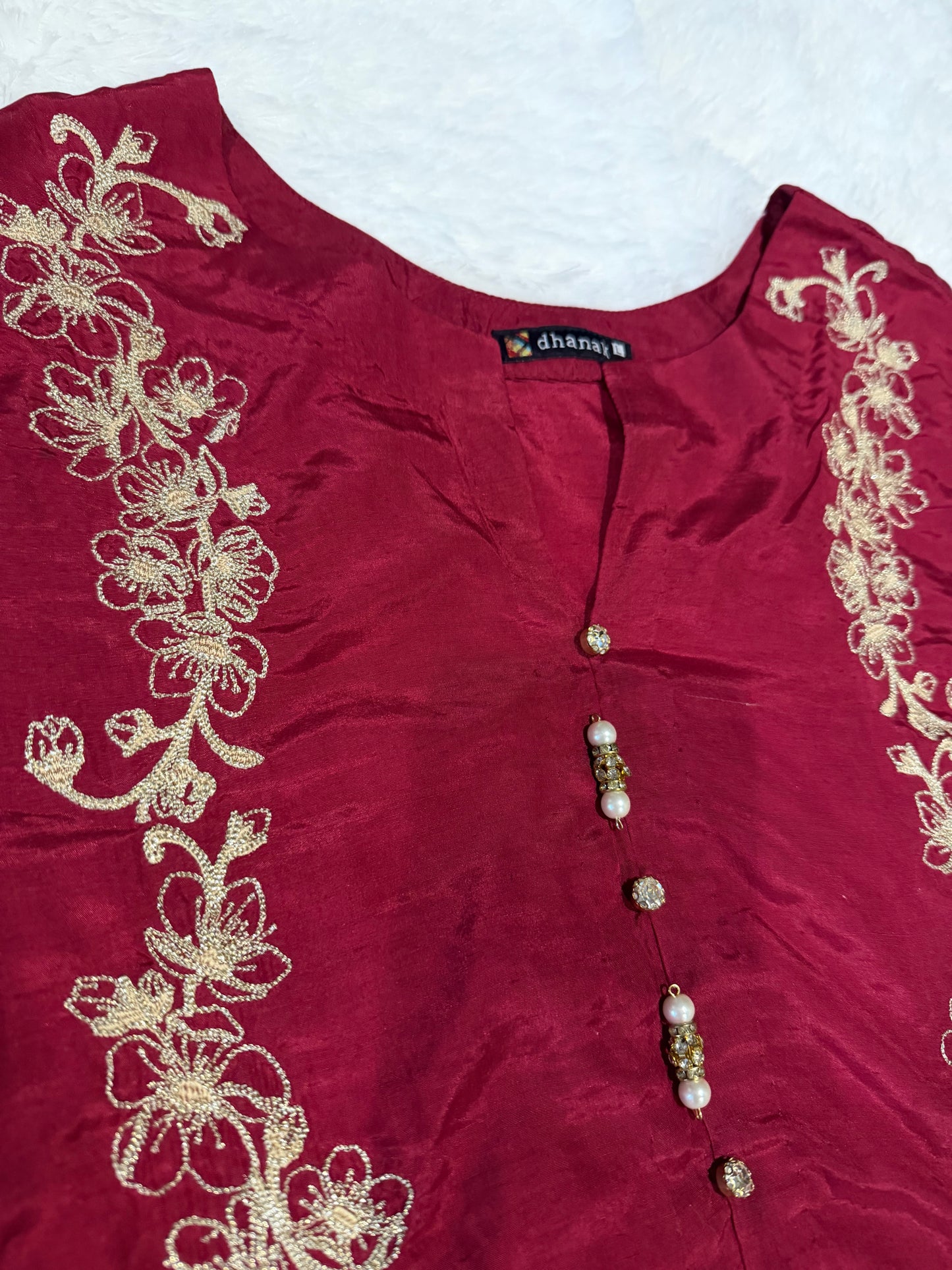 Dhanak Maroon Silk Shirt with Embroidery and Button Embellishments.