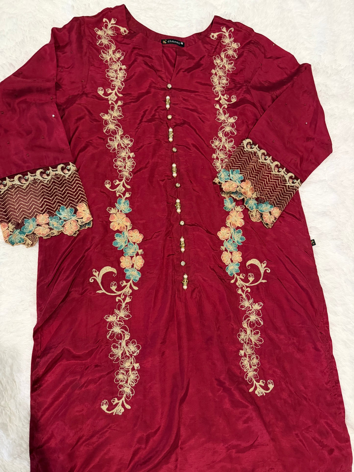 Dhanak Maroon Silk Shirt with Embroidery and Button Embellishments.