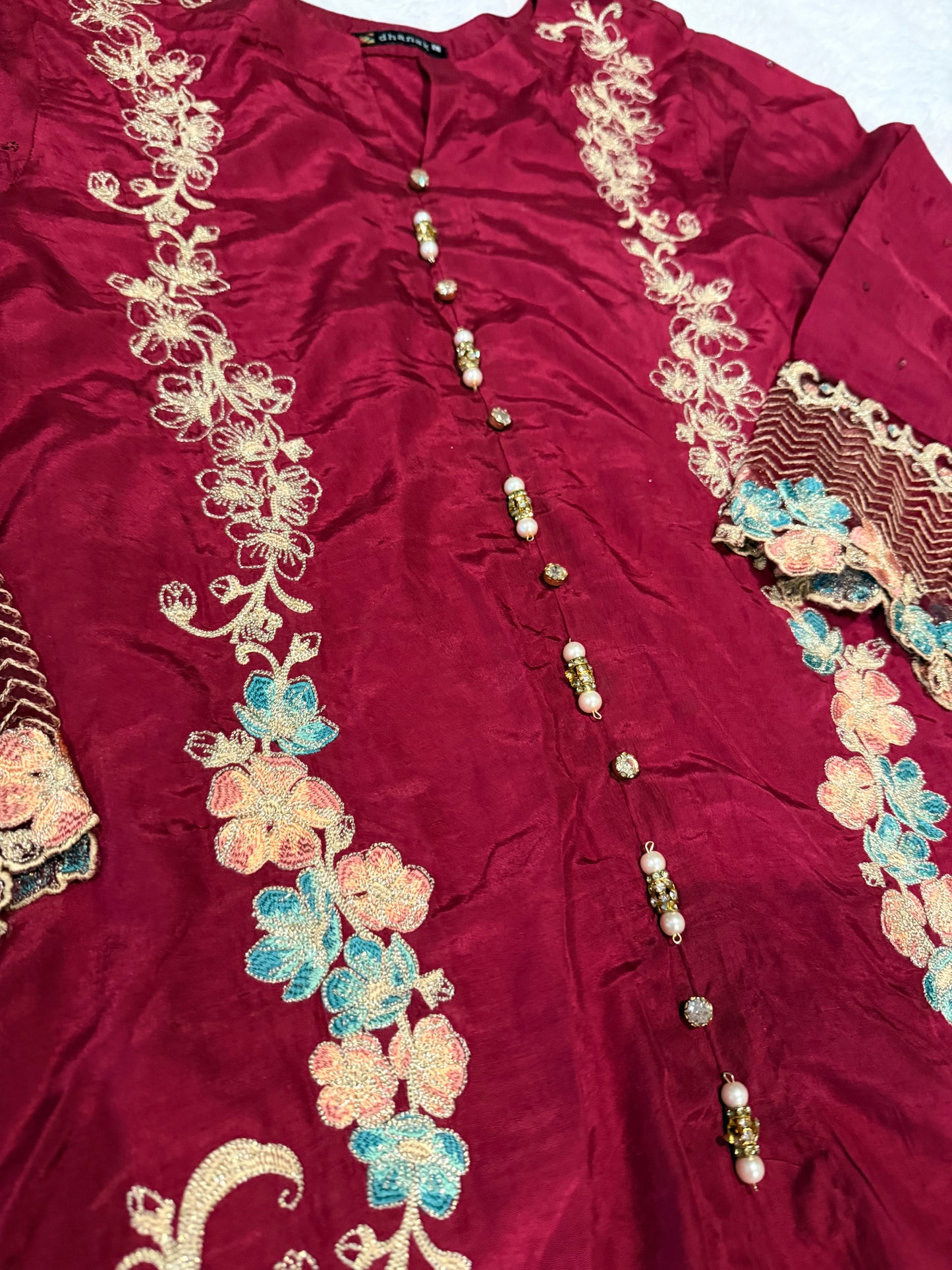 Dhanak Maroon Silk Shirt with Embroidery and Button Embellishments.