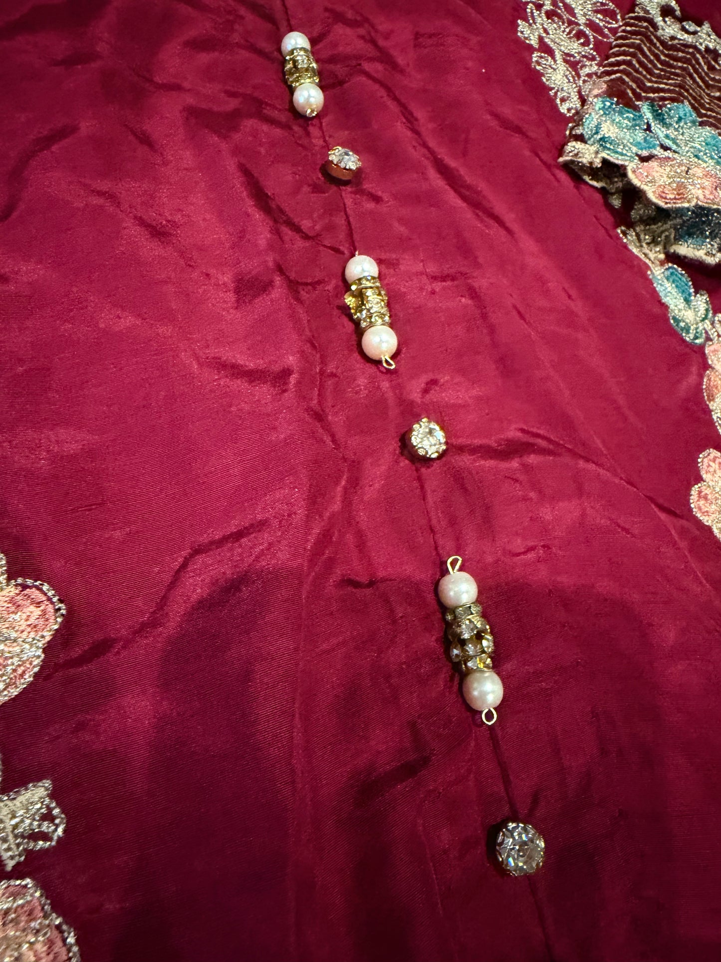 Dhanak Maroon Silk Shirt with Embroidery and Button Embellishments.