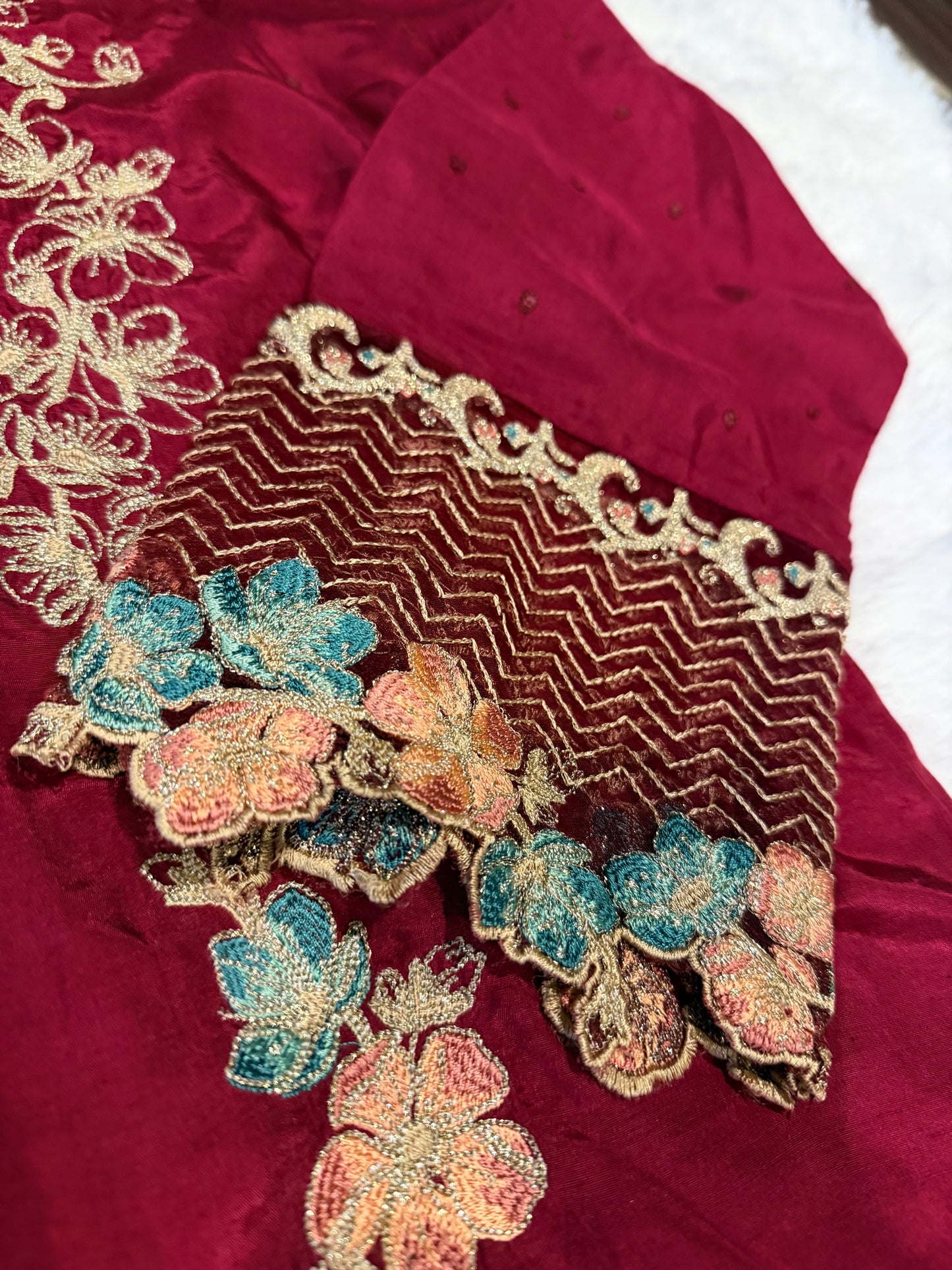 Dhanak Maroon Silk Shirt with Embroidery and Button Embellishments.