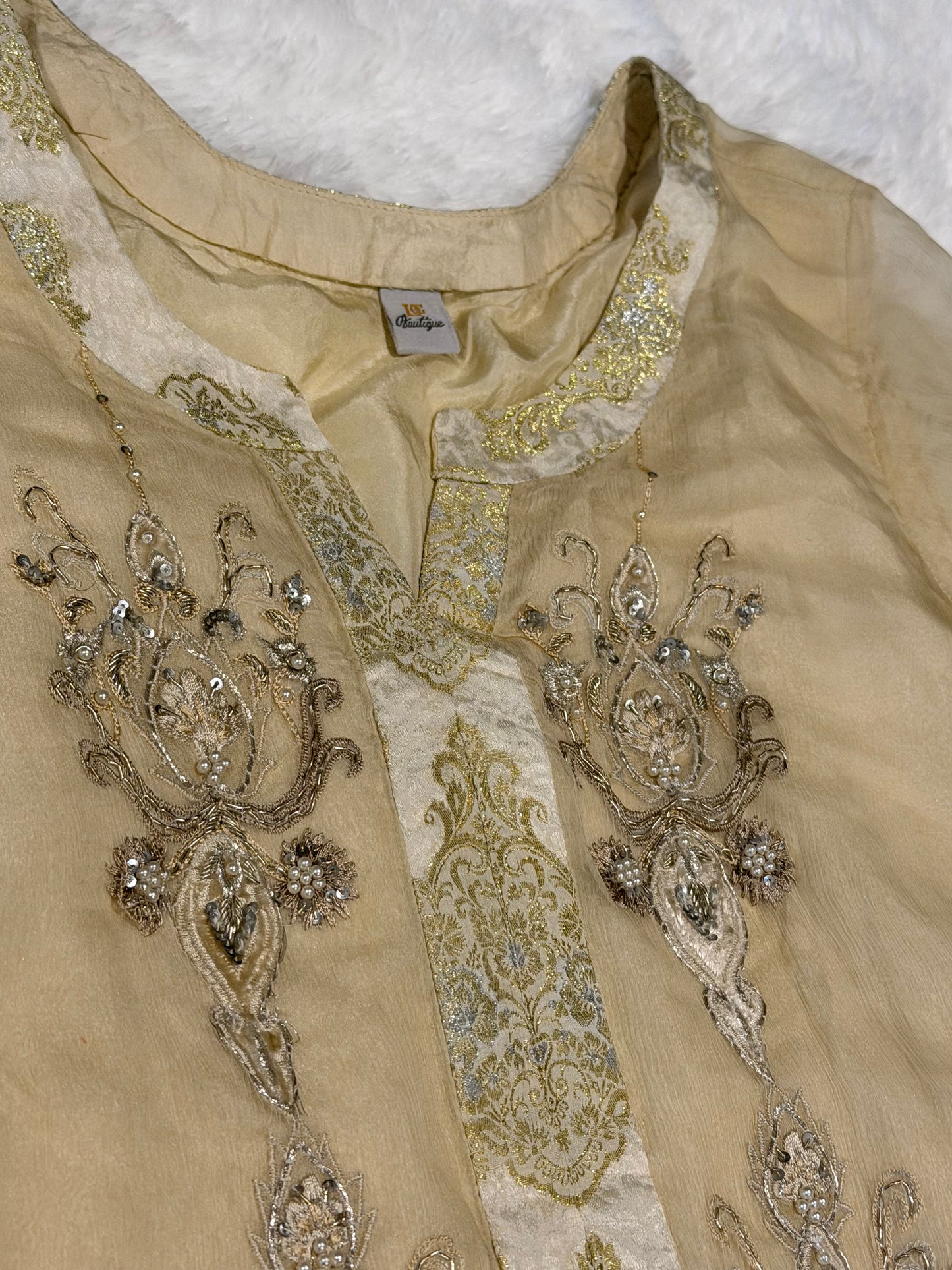 Leisure Club Off White Formal Chiffon Shirt with Heavy Stone and Bead embroidery with Silver and White Accents.