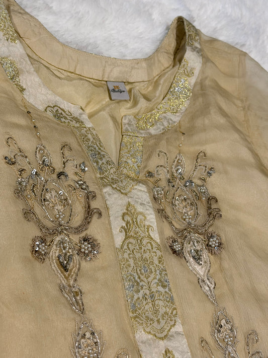 Leisure Club Off White Formal Chiffon Shirt with Heavy Stone and Bead embroidery with Silver and White Accents.