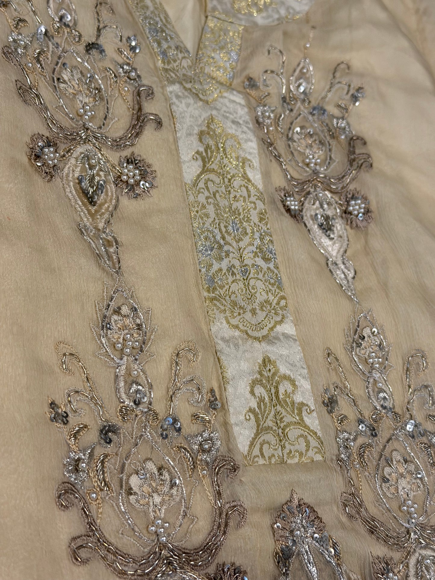 Leisure Club Off White Formal Chiffon Shirt with Heavy Stone and Bead embroidery with Silver and White Accents.