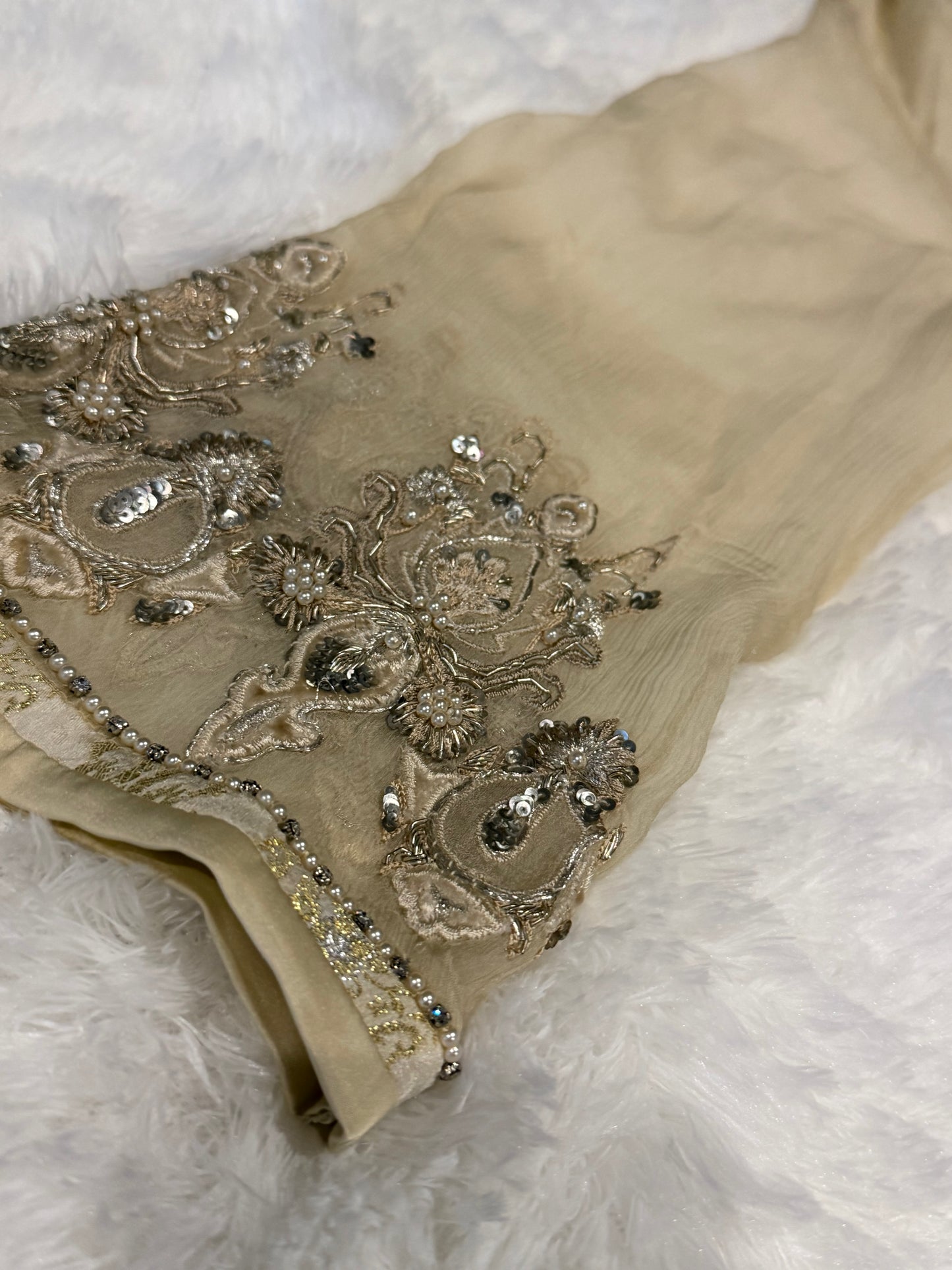 Leisure Club Off White Formal Chiffon Shirt with Heavy Stone and Bead embroidery with Silver and White Accents.