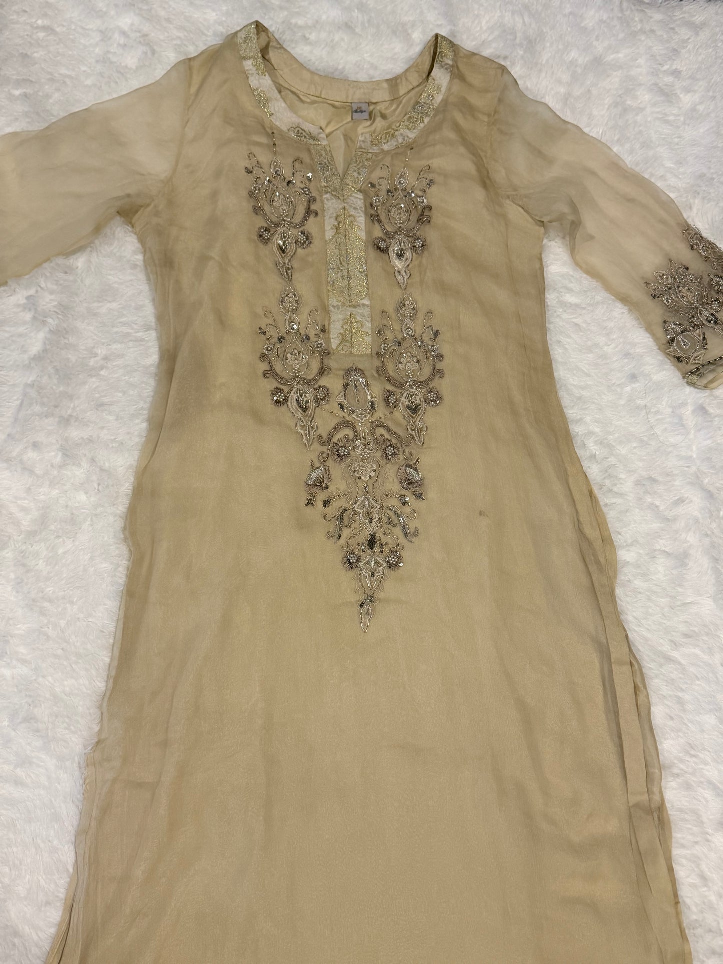 Leisure Club Off White Formal Chiffon Shirt with Heavy Stone and Bead embroidery with Silver and White Accents.