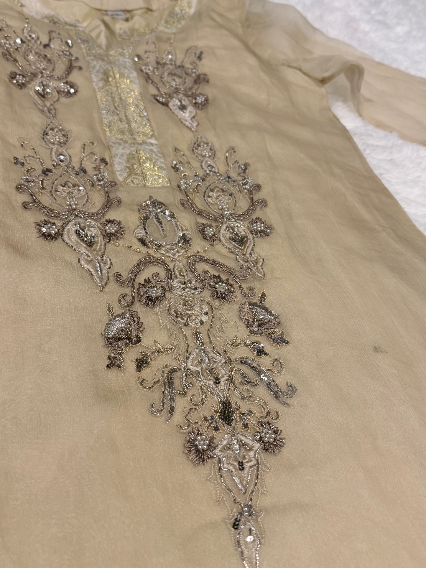 Leisure Club Off White Formal Chiffon Shirt with Heavy Stone and Bead embroidery with Silver and White Accents.