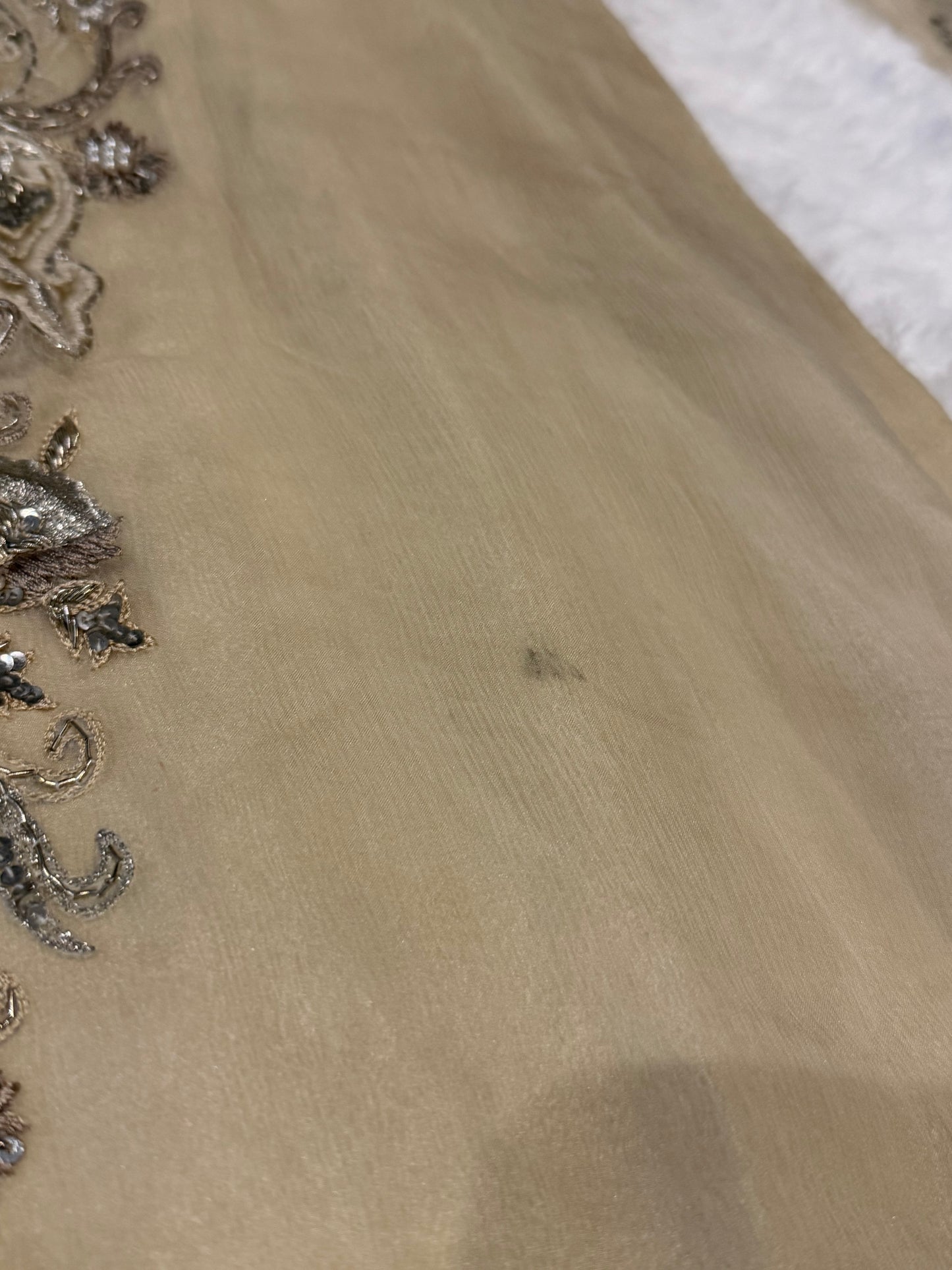 Leisure Club Off White Formal Chiffon Shirt with Heavy Stone and Bead embroidery with Silver and White Accents.
