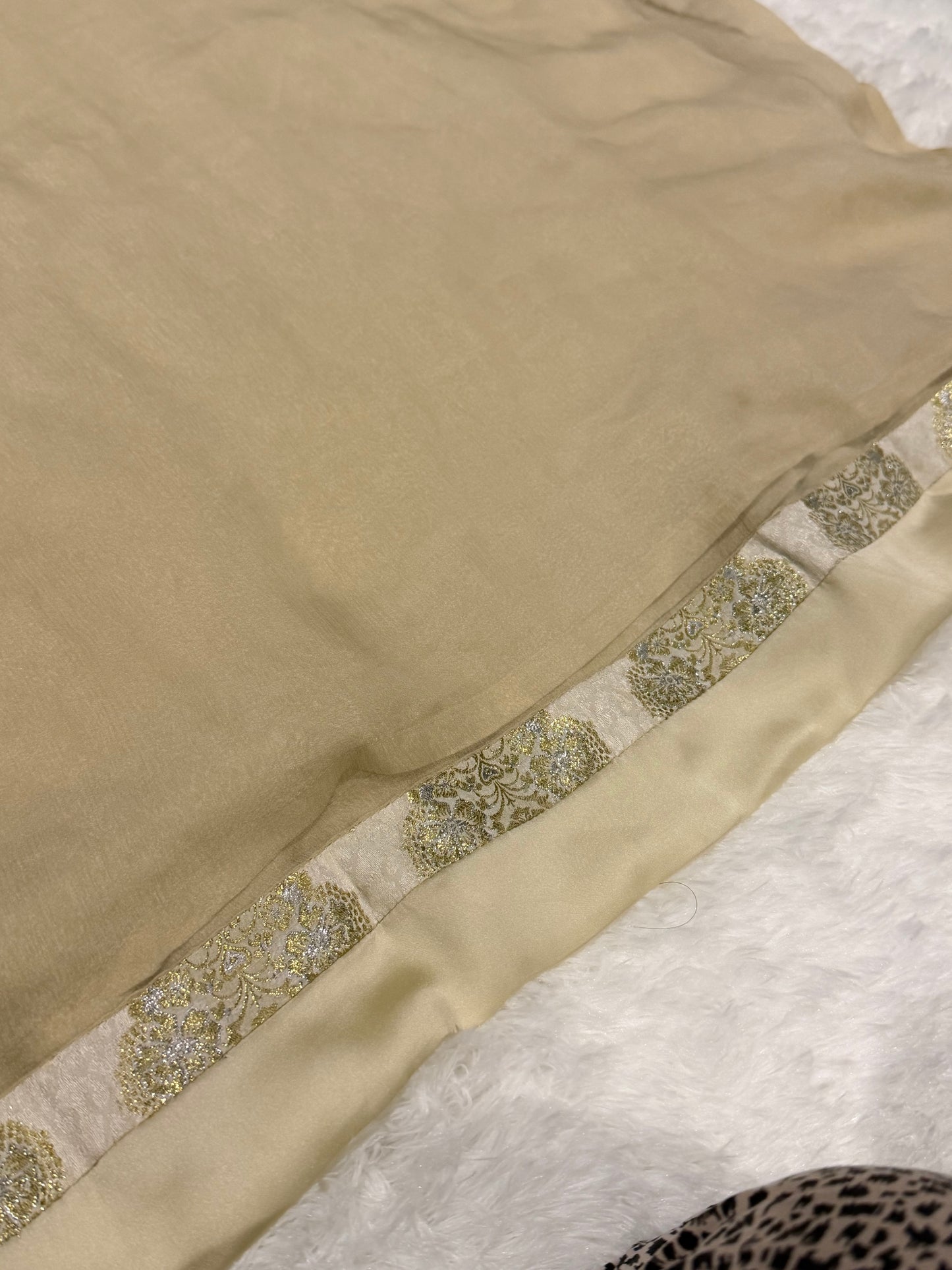 Leisure Club Off White Formal Chiffon Shirt with Heavy Stone and Bead embroidery with Silver and White Accents.
